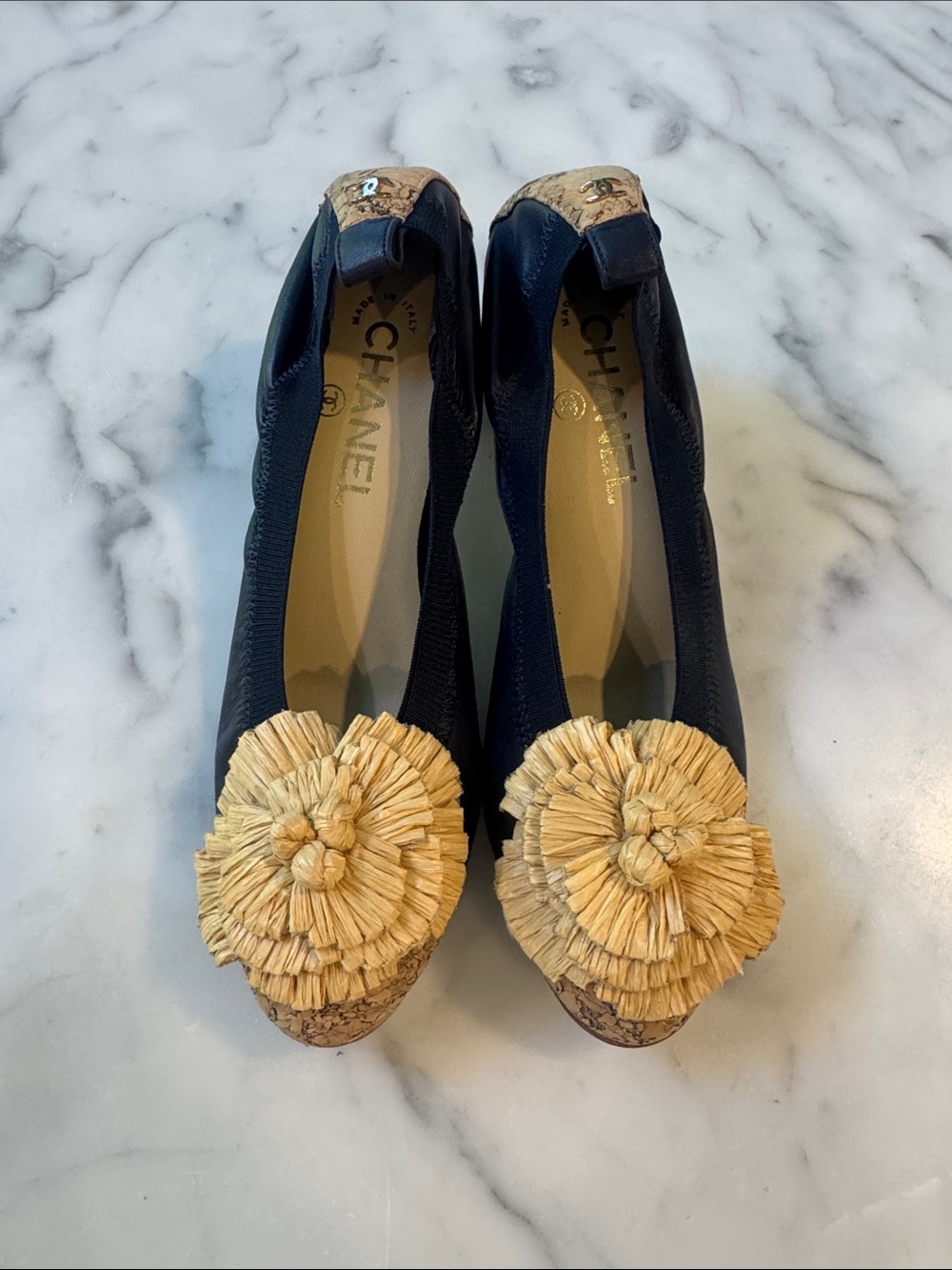 Chanel Navy Leather Block Heel w/ Raffia Flower